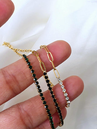 1.5mm Paperclip & Tennis bracelet with dainty 18k Gold Stainless steel,Green Black and clear cubic zirconia adjustable link chain bracelet