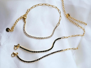 1.5mm Paperclip & Tennis bracelet with dainty 18k Gold Stainless steel,Green Black and clear cubic zirconia adjustable link chain bracelet