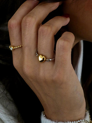 Puffed Heart charm Fidget ring available in 18k gold, sterling silver plated on stainless steel making this waterproof tarnishfree everyday wear ring.available in full gold,full silver, or two toned gold+Silver Style.
