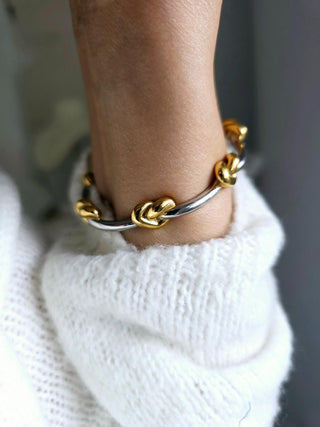 Two tone adjustable Chunky knot open cuff bracelet in Sterling Silver and 18K Gold,Wavy Silver Band cuff knot bracelet,Waterproof jewellery