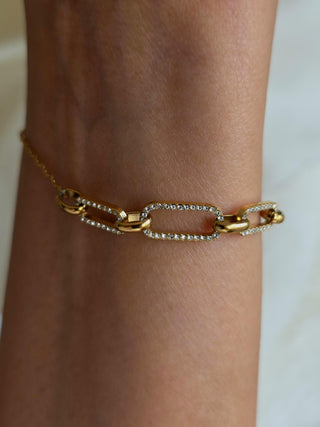 Paperclip link Chain Bracelets in cubic Zirconia and 18k Gold Stainless steel,adjustable length flat link cz pave daily bracelet,gift