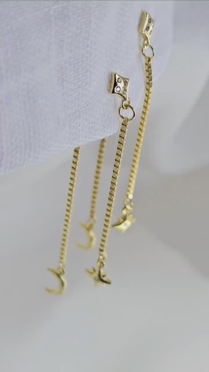 Twin chain long drop earrings, Sterling silver 14K gold double threader drop stud earrings in star & moon charms,mix match,celestial charm