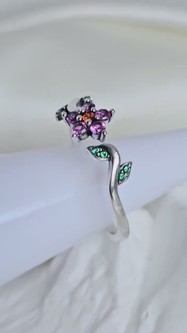 Sterling Silver Floral Pink and green gem vine leaf ring,Adjustable Open-end Ring,zirconia statement gemstone ring,gift for her,stacking