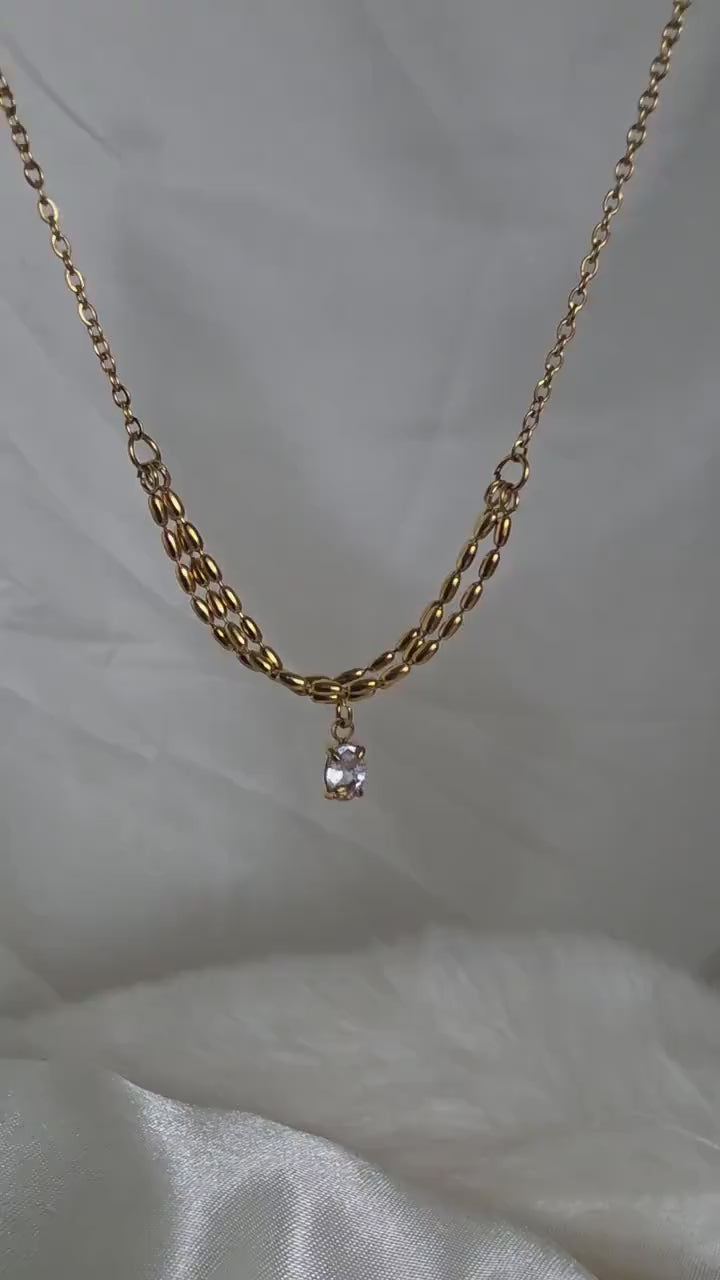 18K Gold-Plated Triple Bead layered Chain with CZ Teardrop Charm,bridesmaids wedding jewellery,tarnishfree waterproof jewellery