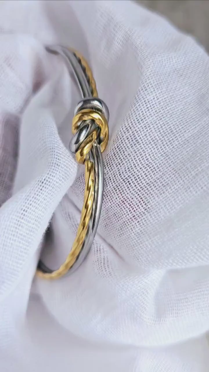 Tarnishfree Sterling Silver 18K Gold plated open cuff Hammered bangle bracelet,two tone gold and silver knot double cuff bracelet