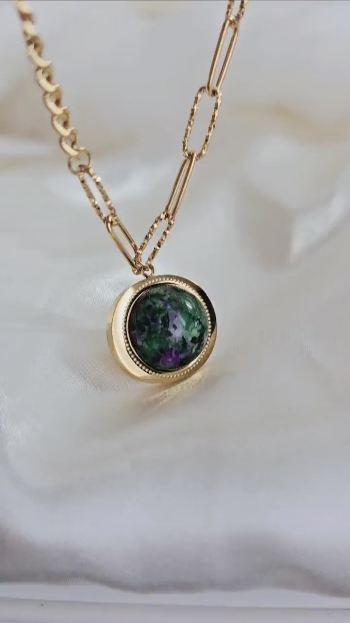 18k Gold Earth charm tarnishfree everyday necklace, Ruby Zoisite natural stone oval necklace,irregular mixed chain necklace,paperclip