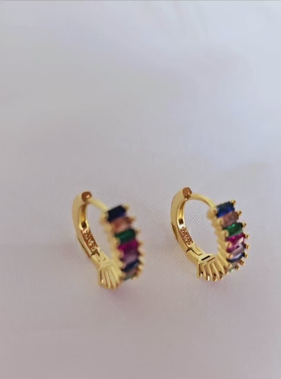 Baguette zirconia 16k coloured gem hoop earrings,Geometric rainbow hoops,gift for her,ear stacking hoops.