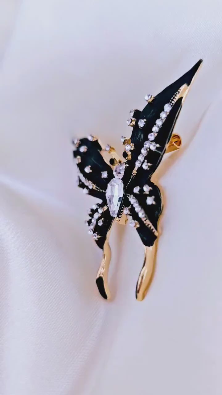 Black Butterfly zirconia brooch,quirky insect brooch,enamel lapel pins,coat accessories,Gemstone crystal brooch,