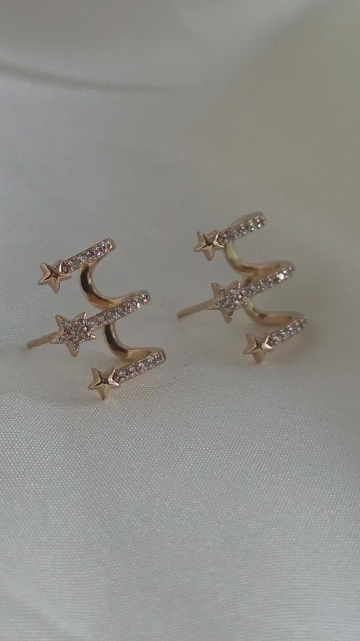Faux Triple Claw Hoop Star Stud Earrings in 16K Gold‑Plated Sterling Silver,Illusion Multi‑Hoop Cartilage Look,no Piercing ear stack