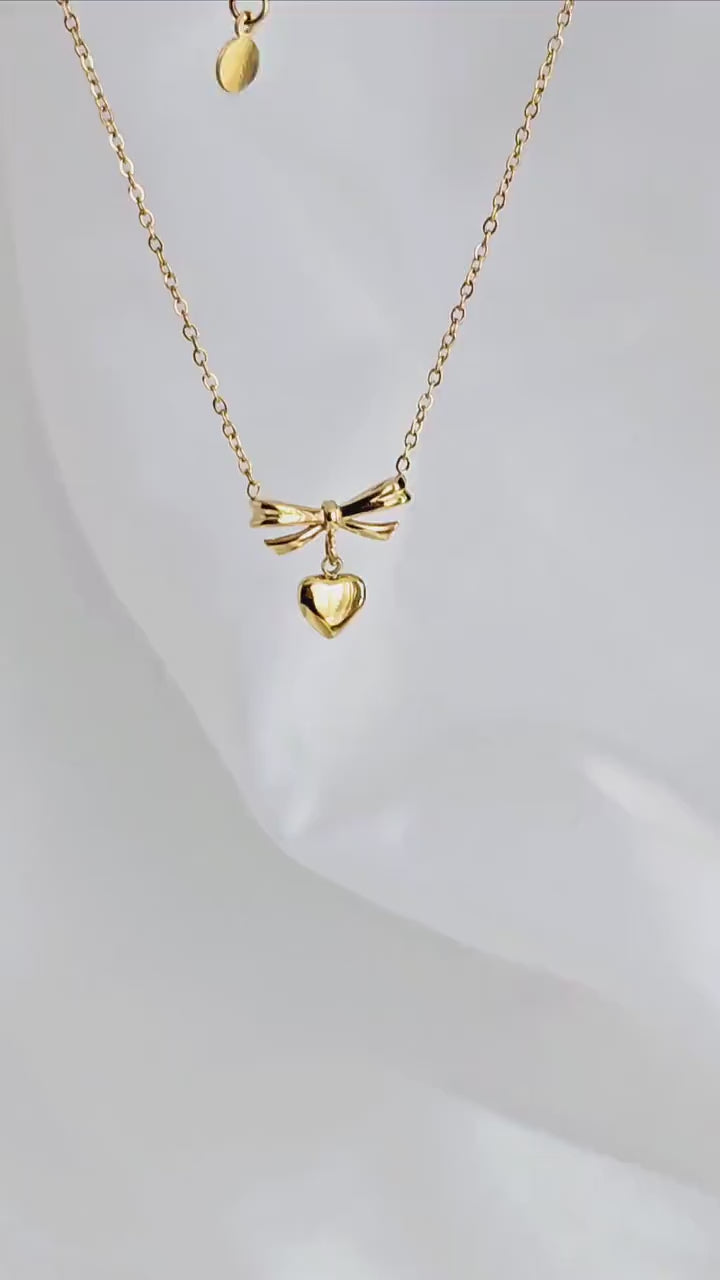 Bow charm tarnishfree 18k Gold filled premium pendant necklace,gift for her,dainty thin chain stacking necklace,dangling heart drop pendant