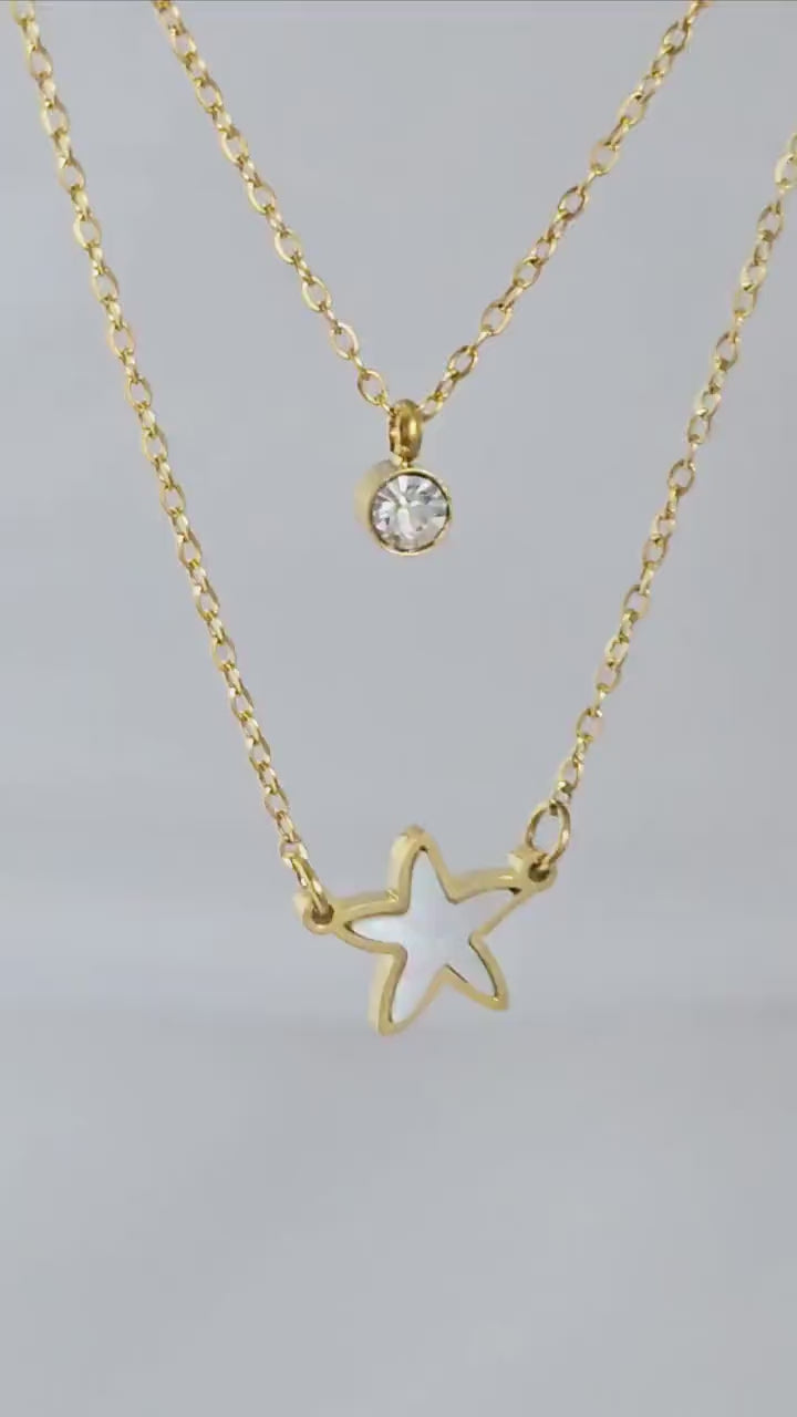 Double layered tarnishfree necklace starfish Charm pendant necklace 18K Gold and mother of pearl pendant thin chain adjustable necklace