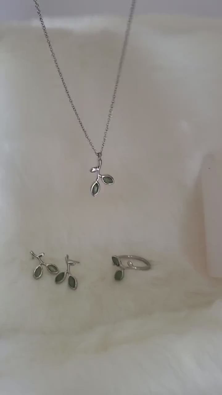 Green stone silver leaf pendant charm delicate necklace,green leaf earrings, gift set,45cm length chain necklace,leaf ring,open band