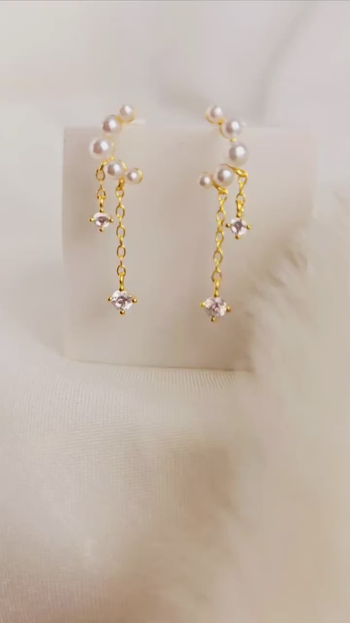 Pearl Sterling silver gem dangle earrings,16K Gold chain drop earrings,dainty stud drop earrings Crescent moon drop charms,stacking