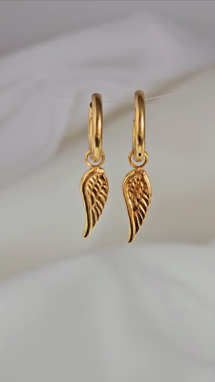 Angel Wings Tarnishfree Hoop earrings,18k gold detachable charm hoops,dangle drop lucky hoop earrings,stacking ear,gift for her