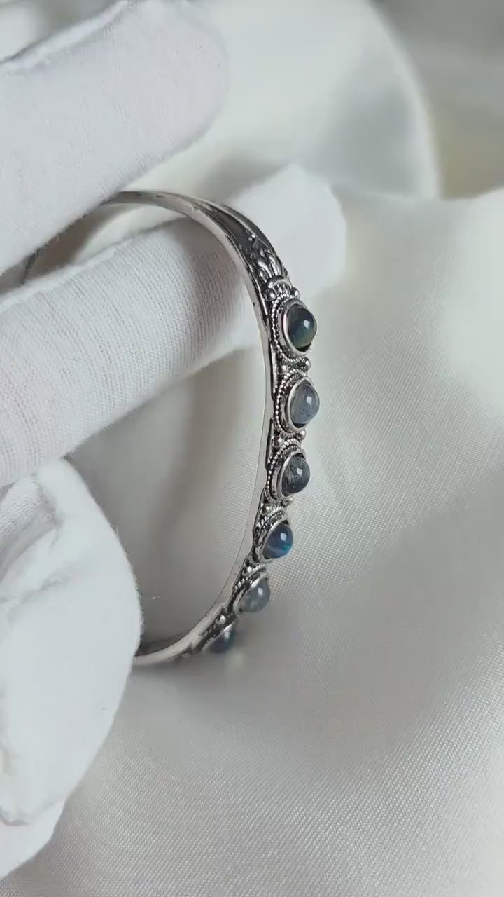 Rainbow Moonstone Sterling Silver Adjustable Cuff vintage style,oxidised silver jewellery,blue gemstone bracelet
