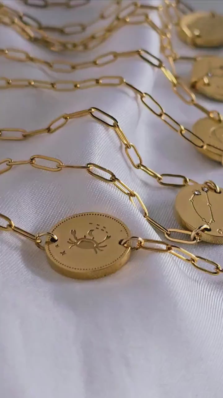Reversible Zodiac 12 Constellation disc charm bracelets in 18K Gold tarnishfree,adjustable paper clip chain bracelet,double side engraved