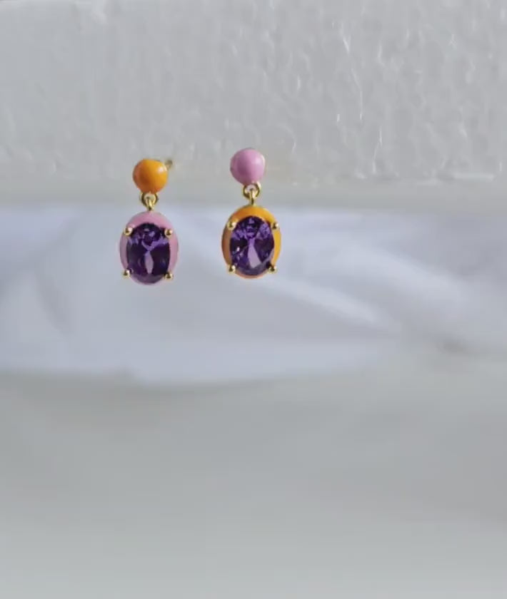 Sterling Silver Amethyst oval drop 16k Gold stud earrings,pink Orange cloisonné enamel drop earring,gift for her,irregular Pair of earrings
