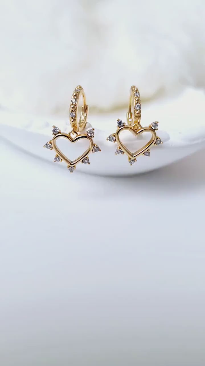 18k Gold heart charm drop Hoop earrings,dangle drop cubic zirconia spike heart hoop earrings in sterling silver base,gift for her