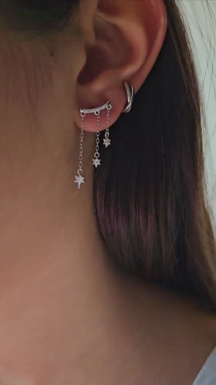 Chain drop Star charm Sterling silver gem dangle earrings,16K Gold chain drop earrings,dainty stud drop earrings star drop charms,stacking