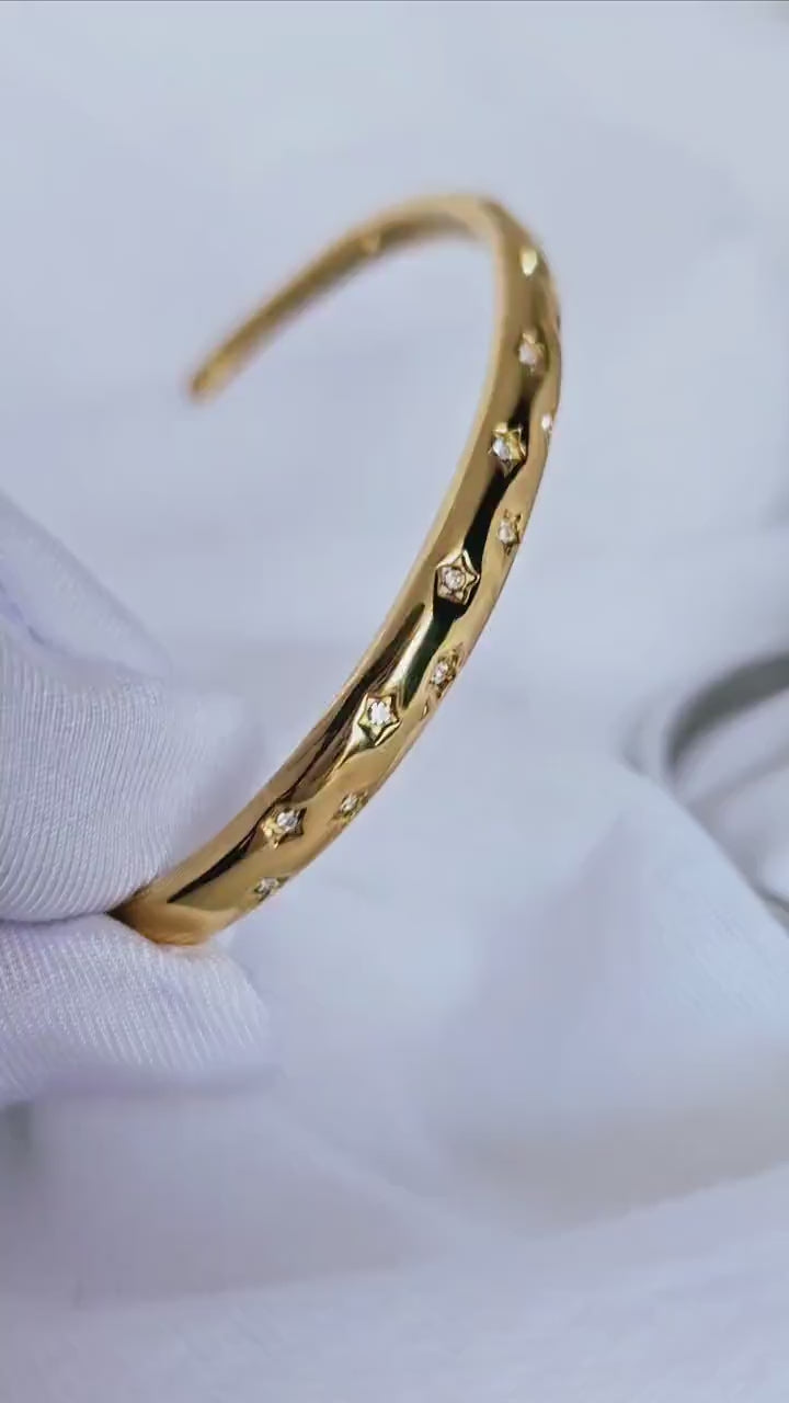 Star encrusted Tarnishfree Sterling Silver 18K Gold plated open cuff Hammered  bracelet,celestial star dust stackable waterproof bangle