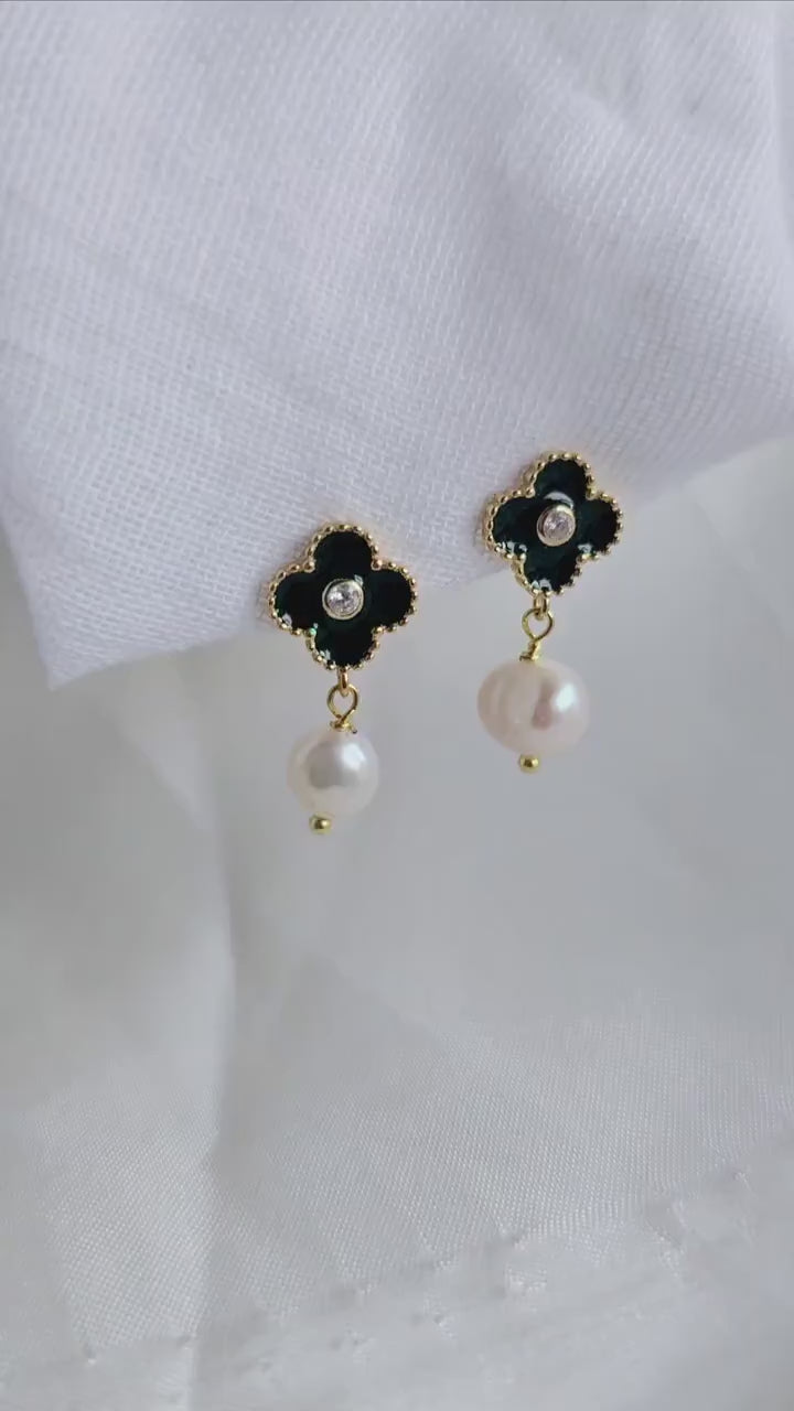 Clover Pearl 16K Gold stud dangle drop earrings,Green enamel earrings,baroque ivory shell pearl drop earring, four leaf clover earrings