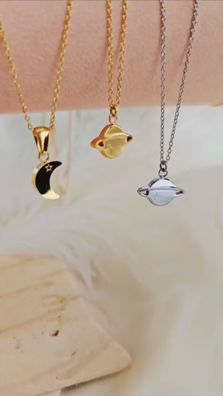 Tarnishfree 18k Gold Planet Moon charm everyday necklace,adjustable gold curb chain,gift,celestial quirky pendant,waterproof gold jewellery