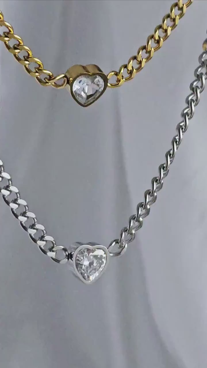 Cuban link Heart Charm choker pendant necklace Tarnishfree 18K Gold ,bold gold and silver neckace,solitaire heart thick chains necklace