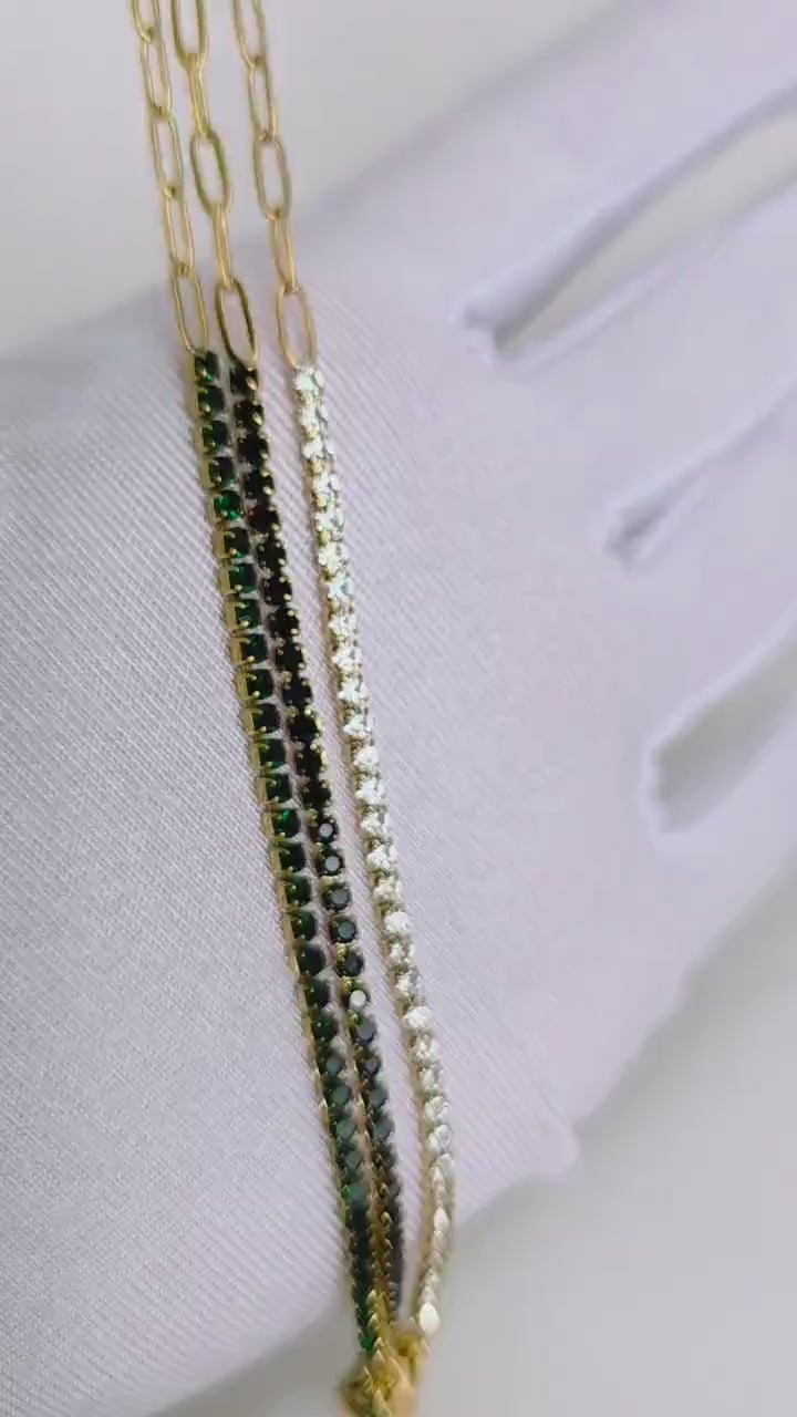 1.5mm Paperclip & Tennis bracelet with dainty 18k Gold Stainless steel,Green Black and clear cubic zirconia adjustable link chain bracelet