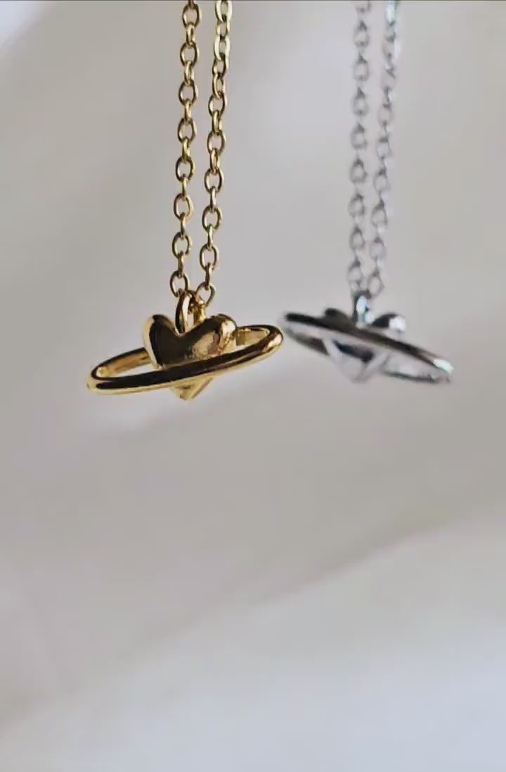 Cosmic Heart with Orbit celestial pendant necklace Tarnishfree 18K Gold and sterling silver ,thin dainty gold chain neckace,3d heart pendant