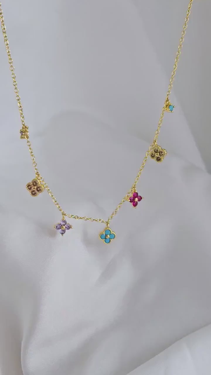 Clover four leaf 18K Gold multi pendant necklace adjustable chain,dainty multicoloured cubic zirconia jewellery,four leaf turquoise charms