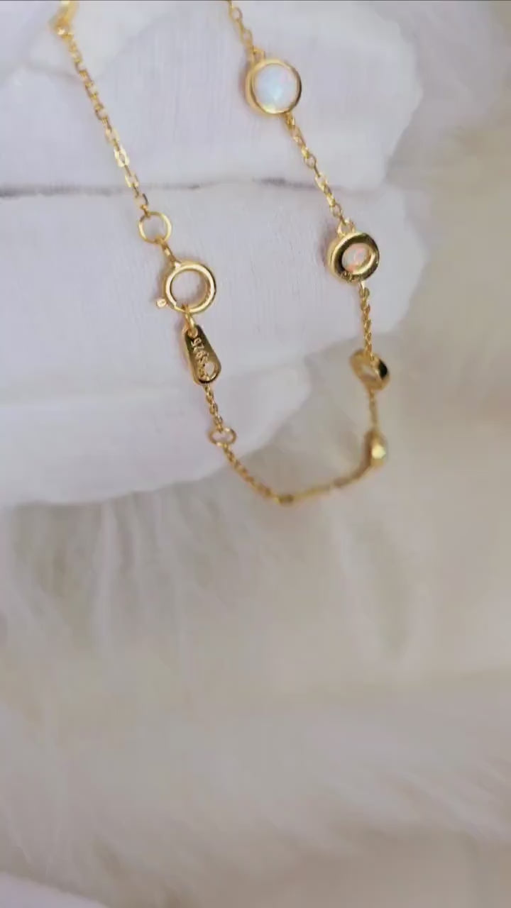 White Opal 16K Gold plated Sterling Silver bracelet,Opal adjustable chain,stacking gold bracelets,October Birthdays,Opal gemstone
