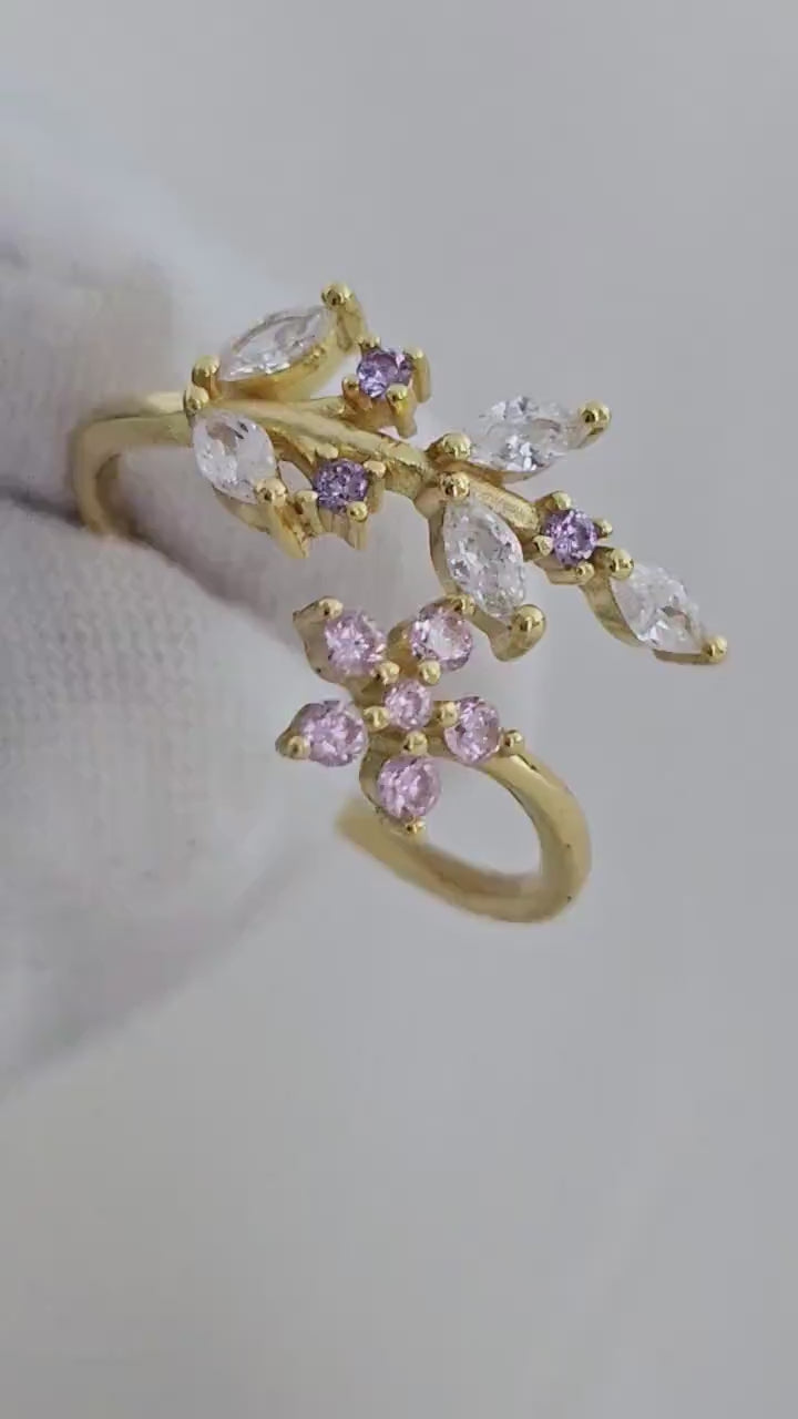 Floral Sterling Silver Adjustable Open-end Ring,Pink Purple gem Leaf wrap ring 16k Gold, dainty gem rings, flower rings