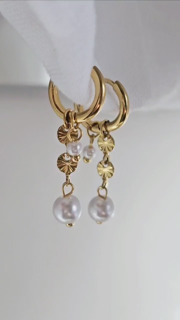 16K Gold Removable Pearl charm Hoop earrings,dangle drop detachable gold disc charms hoop earrings,Ivory pearl charms