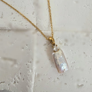 Baroque Rectangular Pearl CZ Pendant Necklace