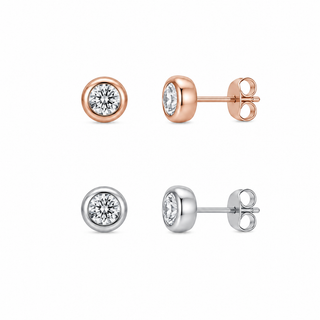 Round Bezel Rose Gold CZ Stud Earrings in Sterling Silver