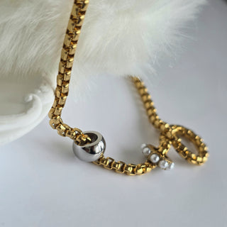 Gold Chunky Link Necklace with Pearl Charm & Silver Bead Pendant